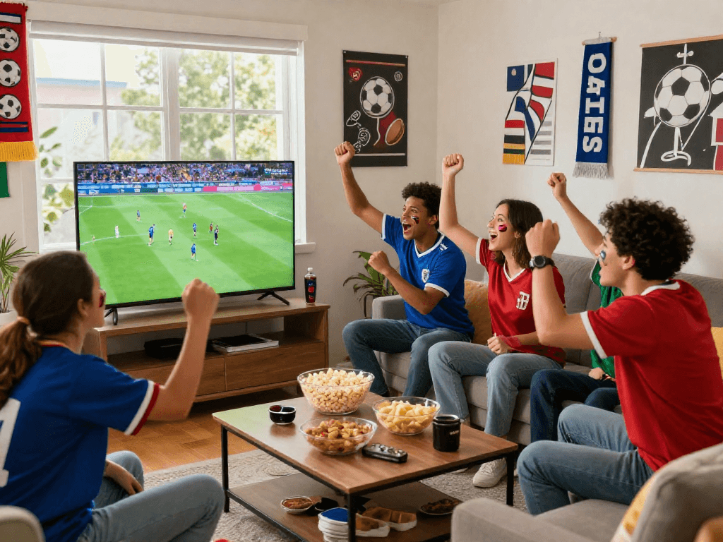 Friends enjoying Rakhoitv football match in a lively living room.